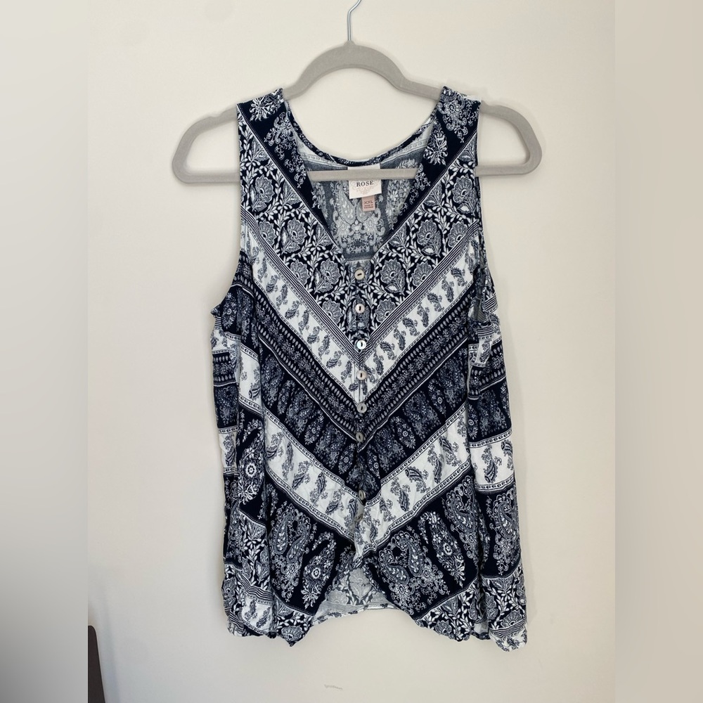 Boho blue & white tank with buttons
